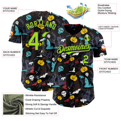 Custom Black Neon Green 3D Halloween Skull Pumpkin Doodle Party Costume Ideas Authentic Baseball Jersey