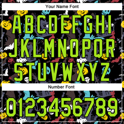 Custom Black Neon Green 3D Halloween Skull Pumpkin Doodle Party Costume Ideas Authentic Baseball Jersey