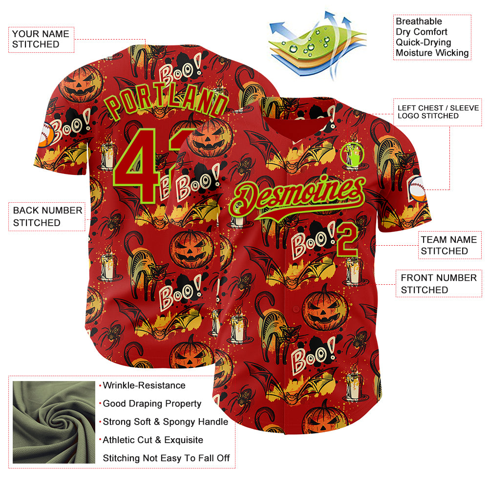 Custom Red Neon Green 3D Halloween Pumpkin Doodle Party Costume Ideas Authentic Baseball Jersey
