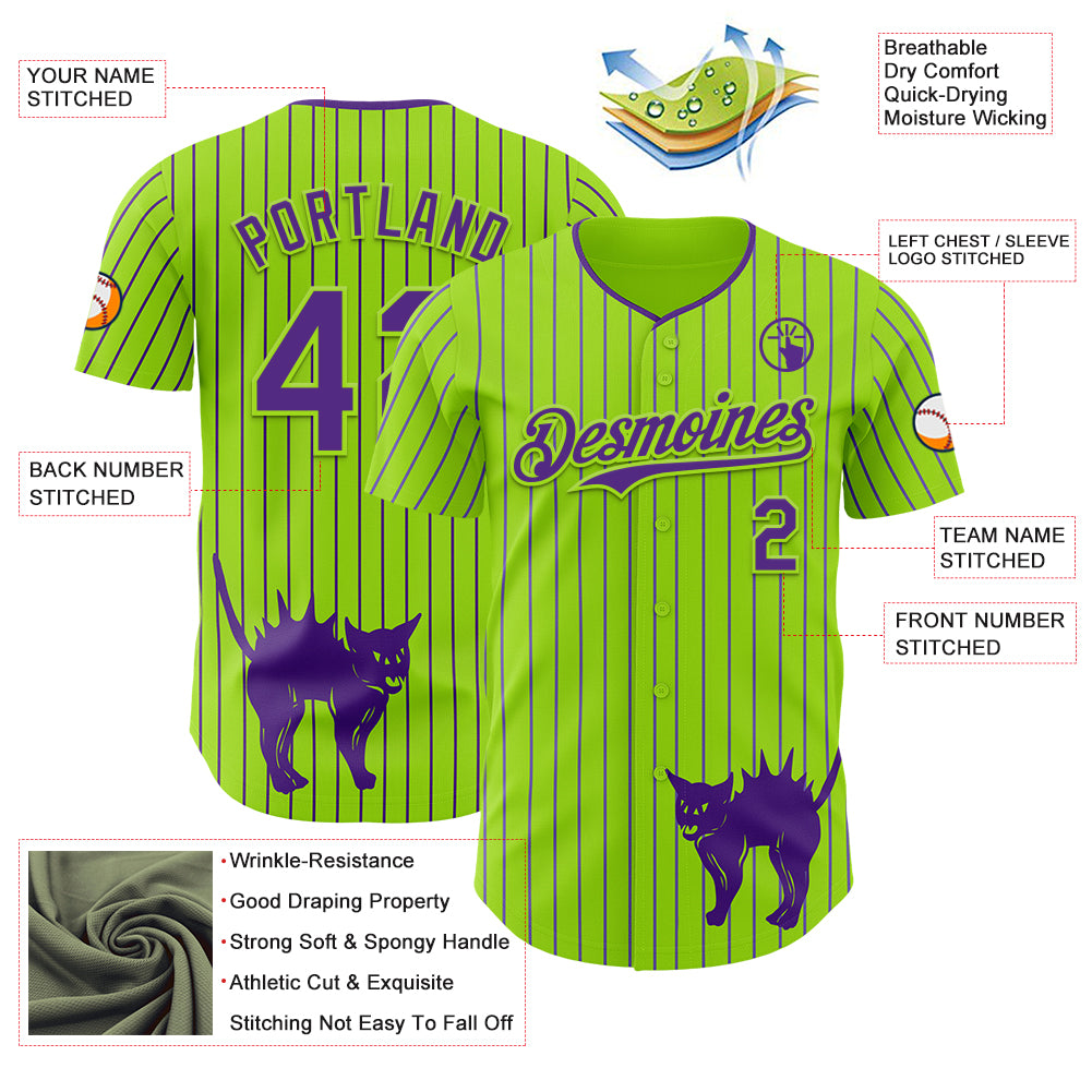 Custom Neon Green Purple Pinstripe Purple 3D Halloween Scary Party Costume Ideas Authentic Baseball Jersey