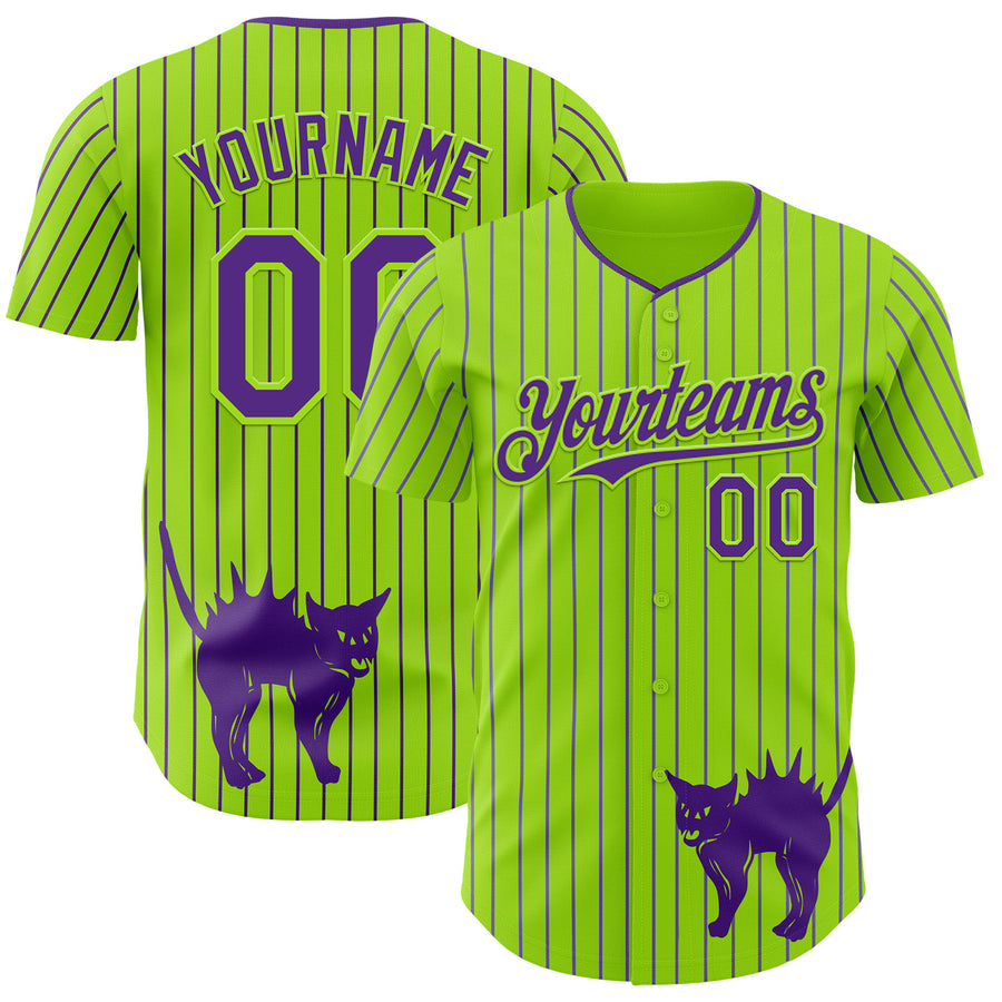 Custom Neon Green Purple Pinstripe Purple 3D Halloween Scary Party Costume Ideas Authentic Baseball Jersey