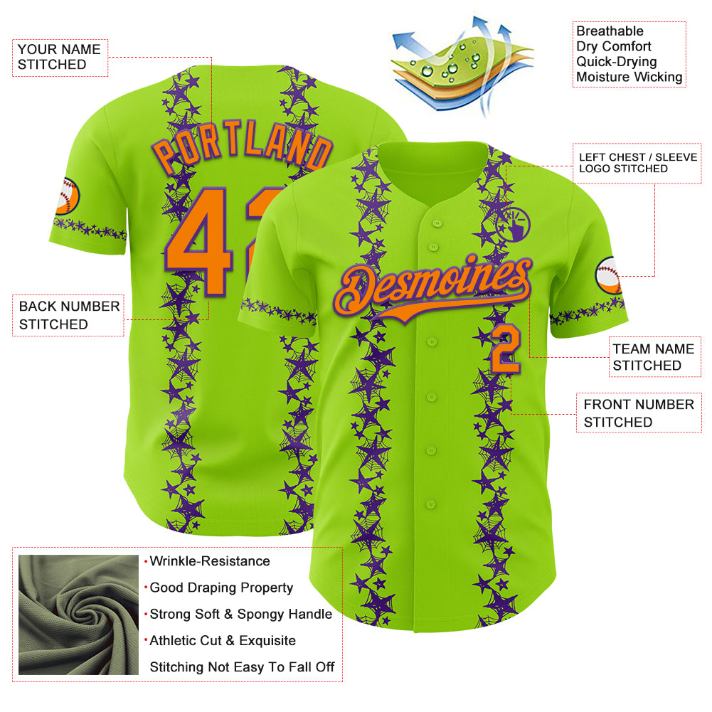 Custom Neon Green Bay Orange-Purple 3D Halloween Spider Net Party Costume Ideas Authentic Baseball Jersey