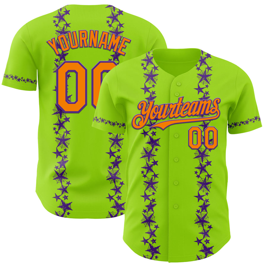 Custom Neon Green Bay Orange-Purple 3D Halloween Spider Net Party Costume Ideas Authentic Baseball Jersey
