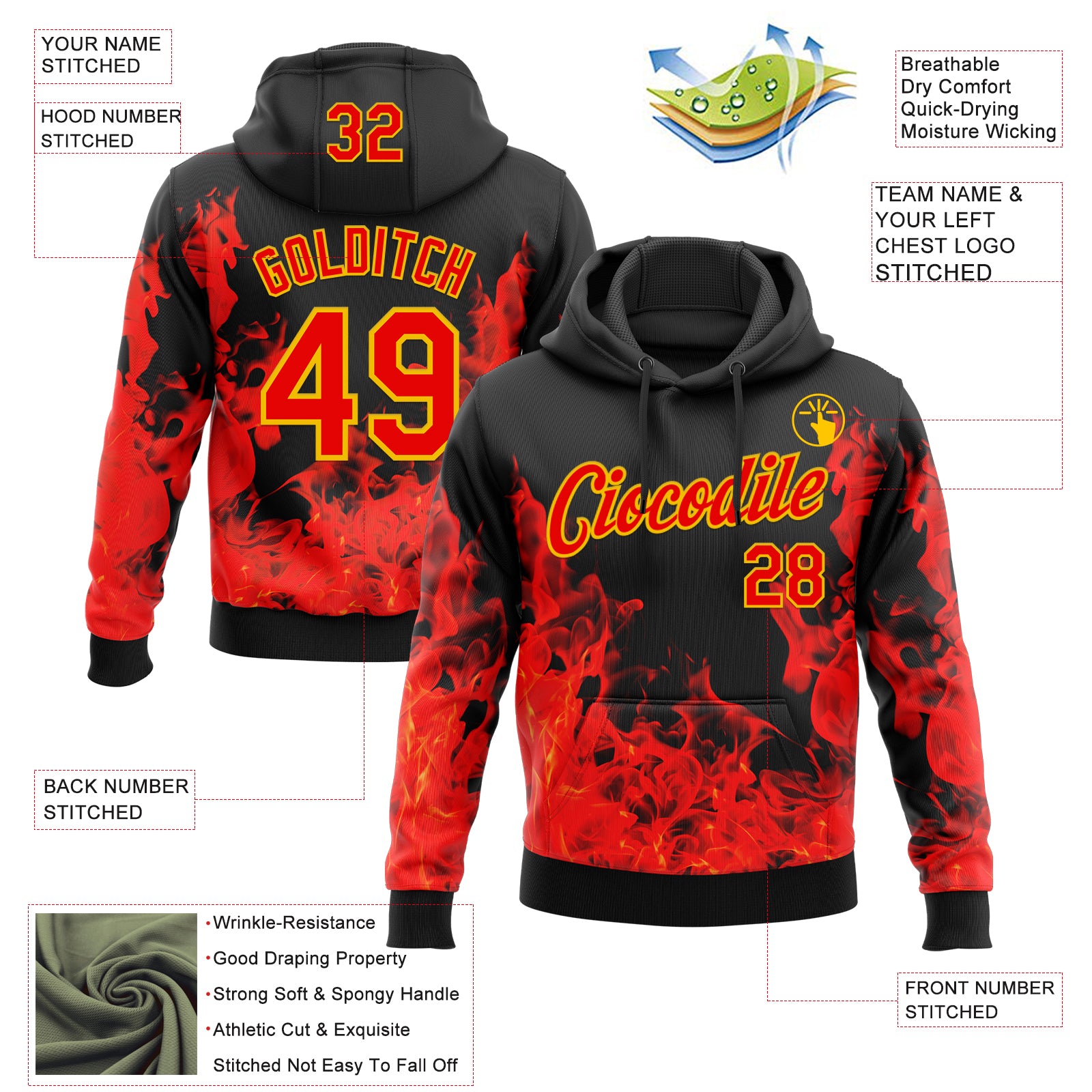 Custom Stitched Black Red-Yellow 3D Pattern Design Flame Sports Pullover Sweatshirt Hoodie