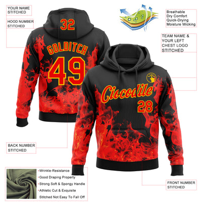 Custom Stitched Black Red-Yellow 3D Pattern Design Flame Sports Pullover Sweatshirt Hoodie