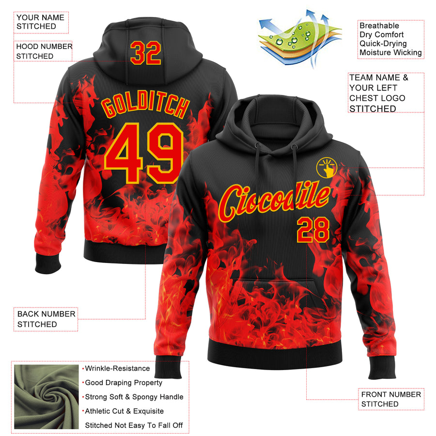 Custom Stitched Black Red-Yellow 3D Pattern Design Flame Sports Pullover Sweatshirt Hoodie