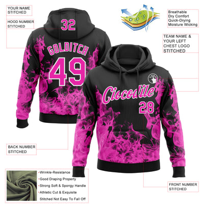 Custom Stitched Black Deep Pink-White 3D Pattern Design Flame Sports Pullover Sweatshirt Hoodie