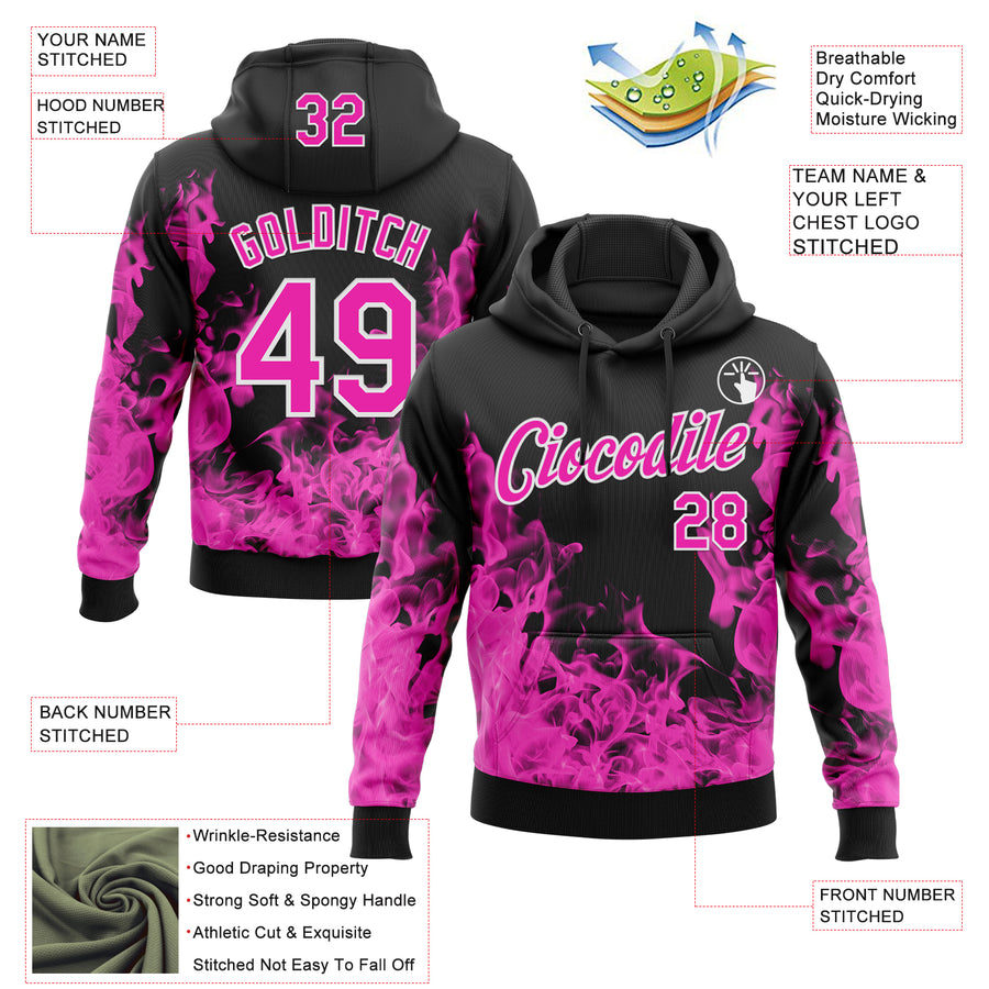Custom Stitched Black Deep Pink-White 3D Pattern Design Flame Sports Pullover Sweatshirt Hoodie