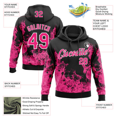 Custom Stitched Black Hot Pink-White 3D Pattern Design Flame Sports Pullover Sweatshirt Hoodie
