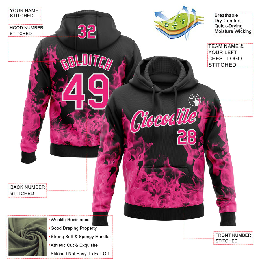 Custom Stitched Black Hot Pink-White 3D Pattern Design Flame Sports Pullover Sweatshirt Hoodie