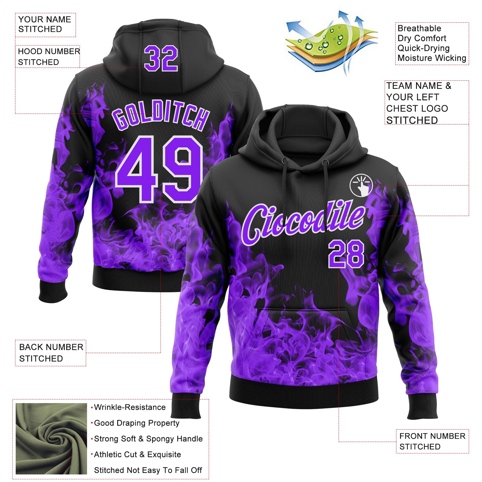 Custom Stitched Black Purple-White 3D Pattern Design Flame Sports Pullover Sweatshirt Hoodie
