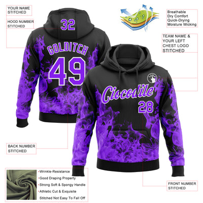 Custom Stitched Black Purple-White 3D Pattern Design Flame Sports Pullover Sweatshirt Hoodie