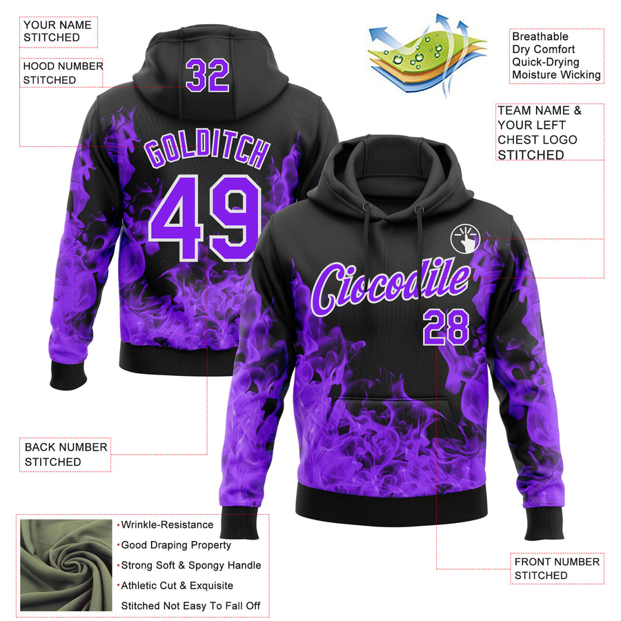Custom Stitched Black Purple-White 3D Pattern Design Flame Sports Pullover Sweatshirt Hoodie