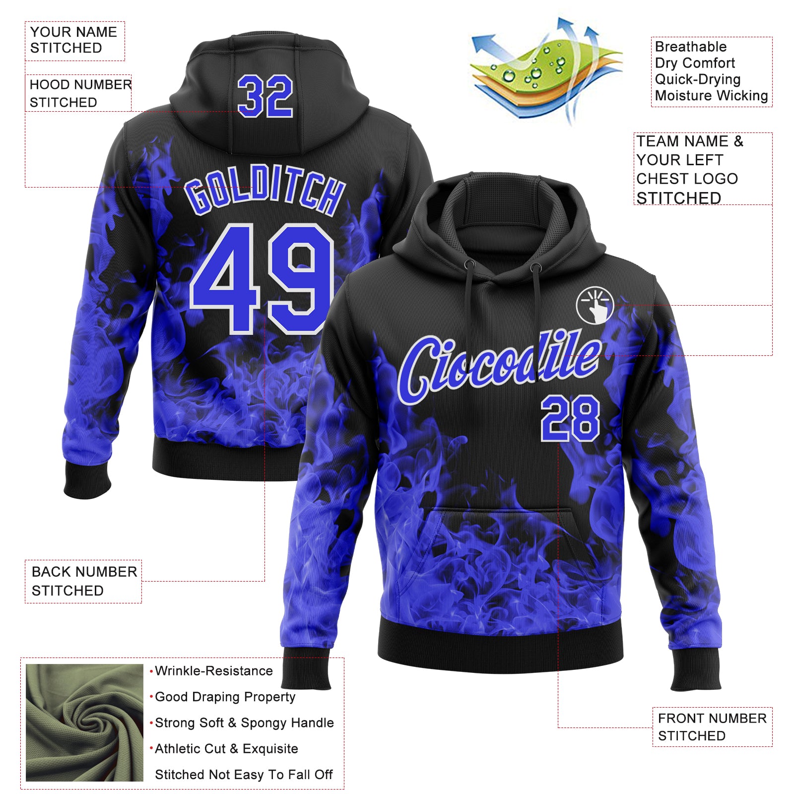 Custom Stitched Black Thunder Blue-White 3D Pattern Design Flame Sports Pullover Sweatshirt Hoodie
