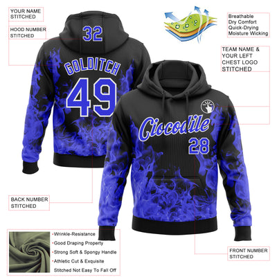 Custom Stitched Black Thunder Blue-White 3D Pattern Design Flame Sports Pullover Sweatshirt Hoodie