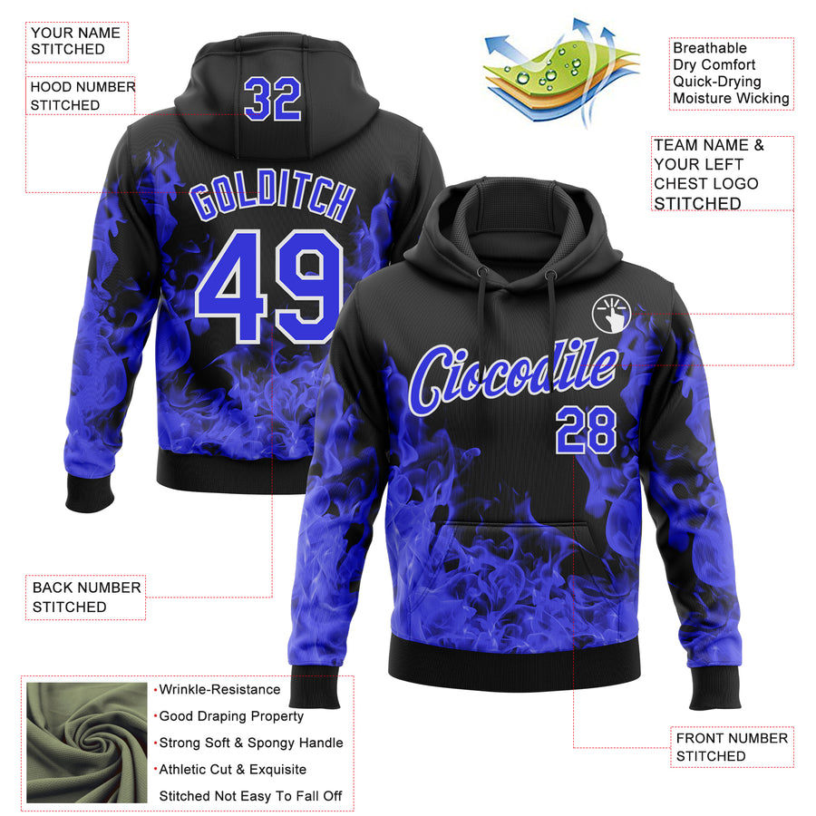 Custom Stitched Black Thunder Blue-White 3D Pattern Design Flame Sports Pullover Sweatshirt Hoodie