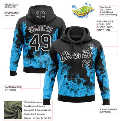Custom Stitched Black Blue-White 3D Pattern Design Flame Sports Pullover Sweatshirt Hoodie