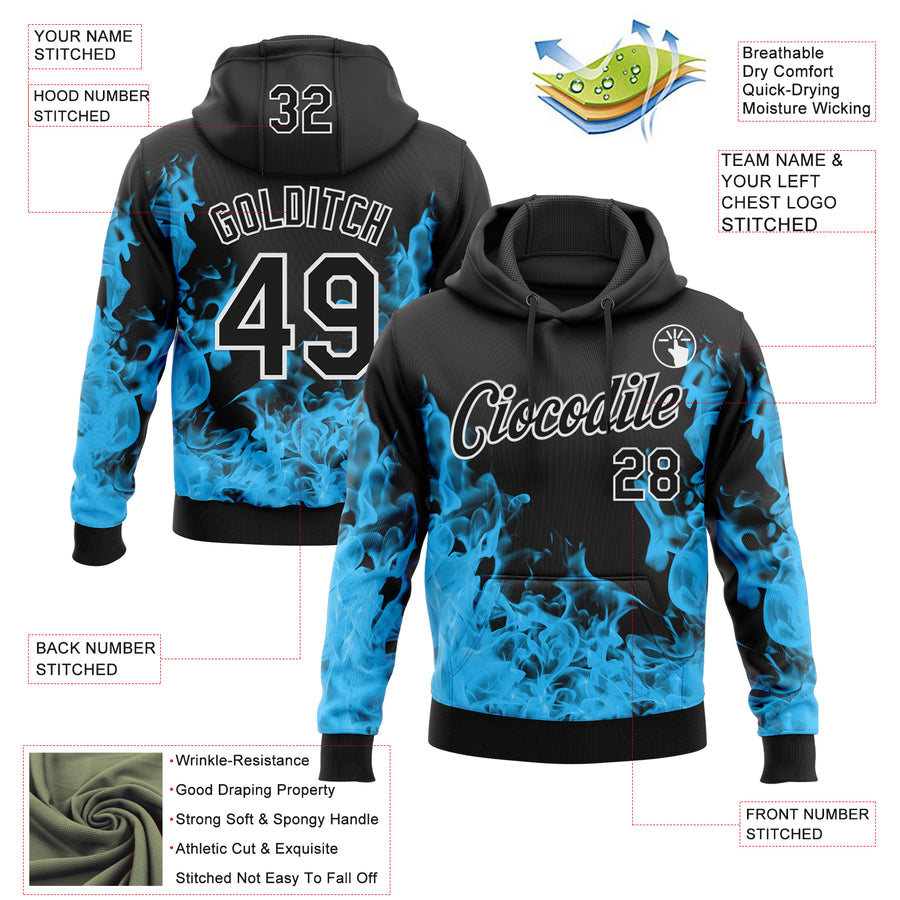 Custom Stitched Black Blue-White 3D Pattern Design Flame Sports Pullover Sweatshirt Hoodie