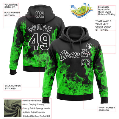 Custom Stitched Black Green-White 3D Pattern Design Flame Sports Pullover Sweatshirt Hoodie