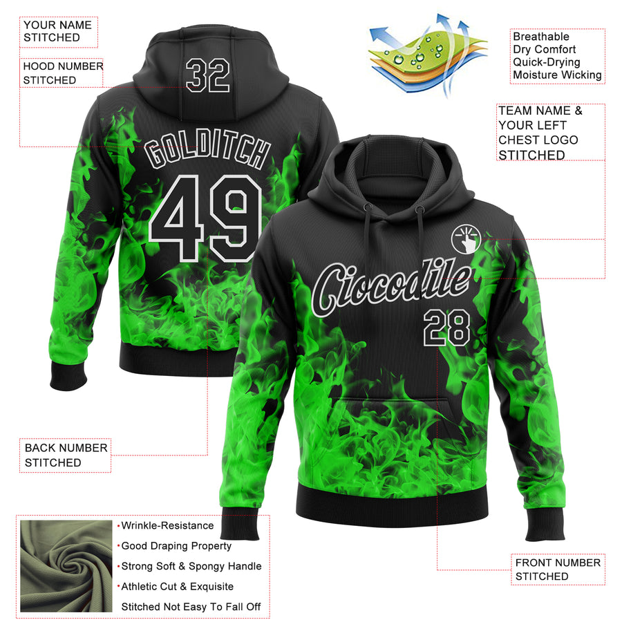 Custom Stitched Black Green-White 3D Pattern Design Flame Sports Pullover Sweatshirt Hoodie