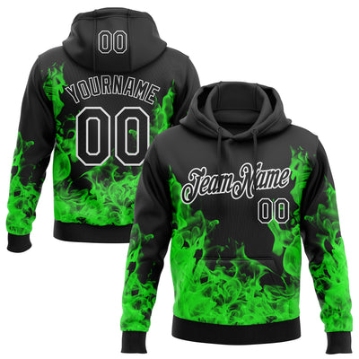 Custom Stitched Black Green-White 3D Pattern Design Flame Sports Pullover Sweatshirt Hoodie