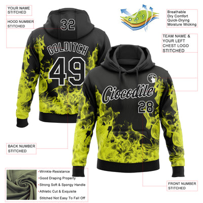 Custom Stitched Black Yellow-White 3D Pattern Design Flame Sports Pullover Sweatshirt Hoodie