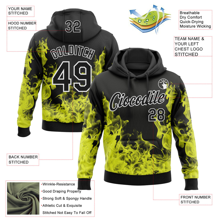 Custom Stitched Black Yellow-White 3D Pattern Design Flame Sports Pullover Sweatshirt Hoodie