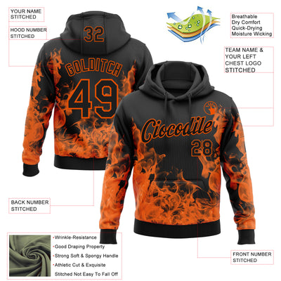Custom Stitched Black Orange 3D Pattern Design Flame Sports Pullover Sweatshirt Hoodie
