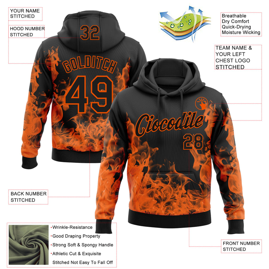 Custom Stitched Black Orange 3D Pattern Design Flame Sports Pullover Sweatshirt Hoodie