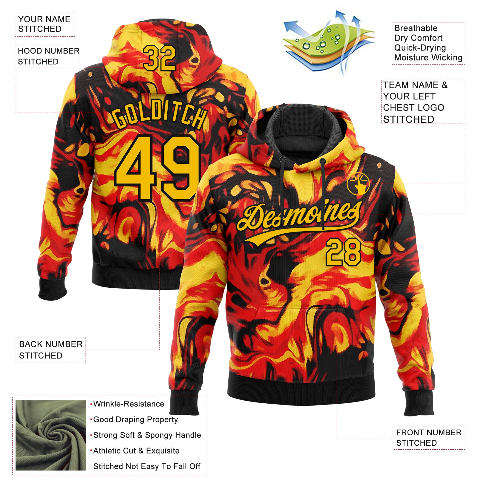 Custom Stitched Black Gold-Red 3D Pattern Design Flame Sports Pullover Sweatshirt Hoodie