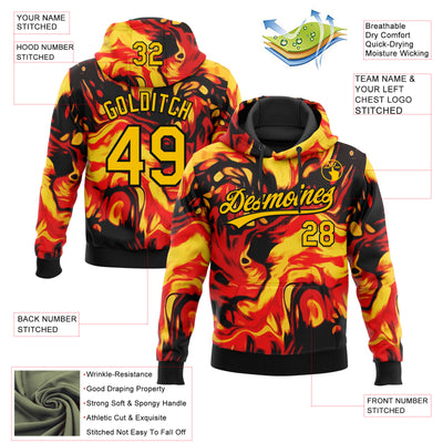 Custom Stitched Black Gold-Red 3D Pattern Design Flame Sports Pullover Sweatshirt Hoodie