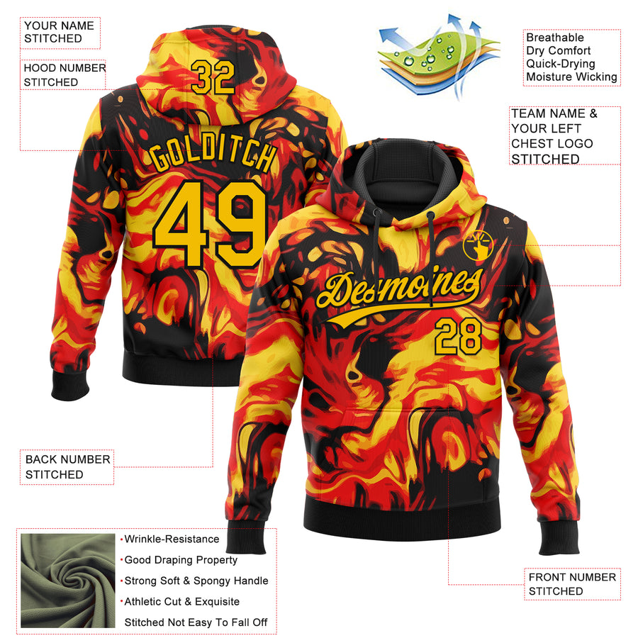 Custom Stitched Black Gold-Red 3D Pattern Design Flame Sports Pullover Sweatshirt Hoodie