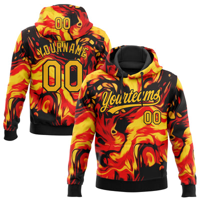 Custom Stitched Black Gold-Red 3D Pattern Design Flame Sports Pullover Sweatshirt Hoodie