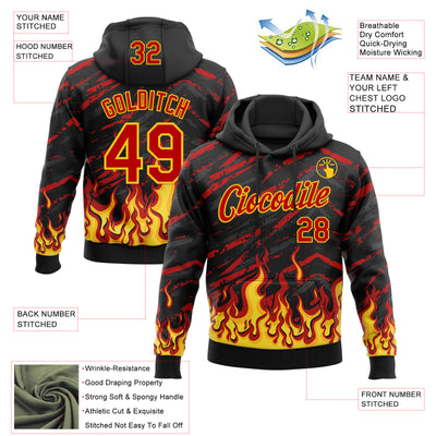 Custom Stitched Black Red-Yellow 3D Pattern Design Flame Sports Pullover Sweatshirt Hoodie