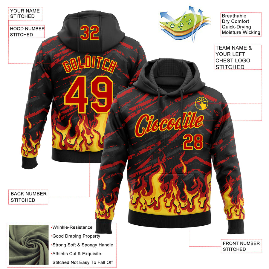 Custom Stitched Black Red-Yellow 3D Pattern Design Flame Sports Pullover Sweatshirt Hoodie