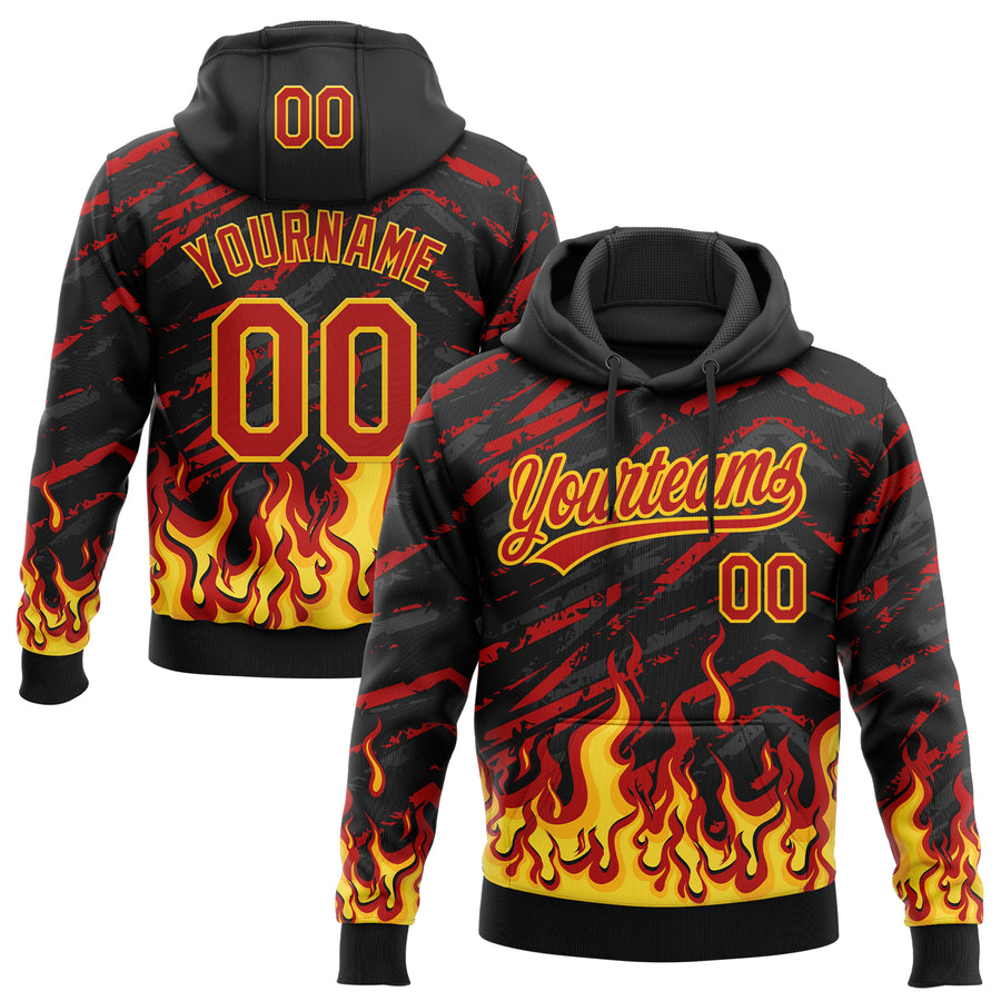 Custom Stitched Black Red-Yellow 3D Pattern Design Flame Sports Pullover Sweatshirt Hoodie