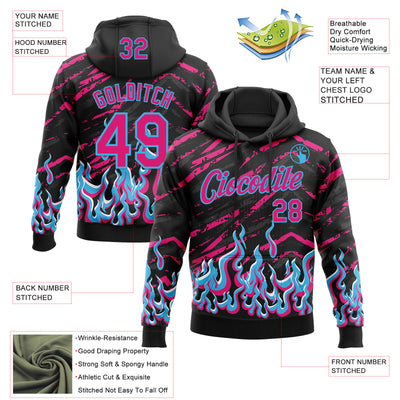 Custom Stitched Black Hot Pink-Sky Blue 3D Pattern Design Flame Sports Pullover Sweatshirt Hoodie