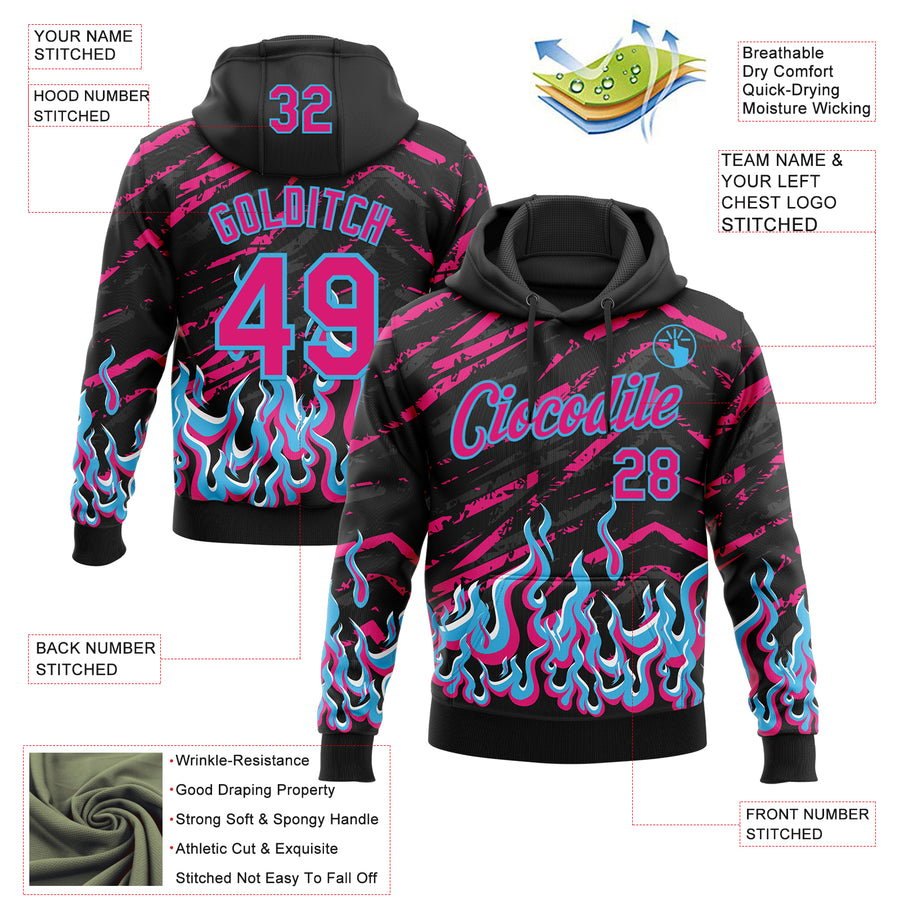 Custom Stitched Black Hot Pink-Sky Blue 3D Pattern Design Flame Sports Pullover Sweatshirt Hoodie