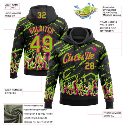 Custom Stitched Black Neon Green Hot Pink-White 3D Pattern Design Flame Sports Pullover Sweatshirt Hoodie