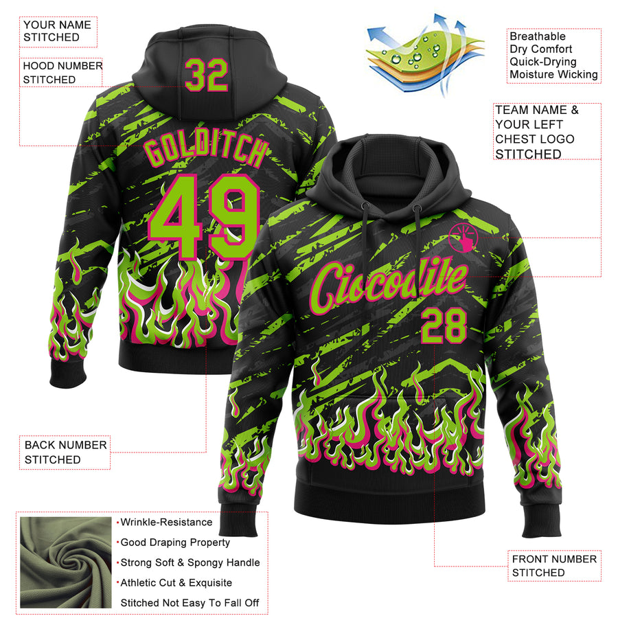 Custom Stitched Black Neon Green Hot Pink-White 3D Pattern Design Flame Sports Pullover Sweatshirt Hoodie