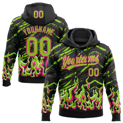 Custom Stitched Black Neon Green Hot Pink-White 3D Pattern Design Flame Sports Pullover Sweatshirt Hoodie
