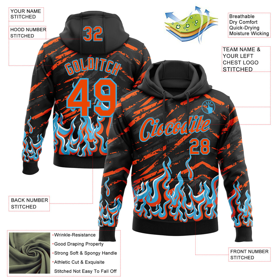 Custom Stitched Black Orange Lakes Blue-White 3D Pattern Design Flame Sports Pullover Sweatshirt Hoodie
