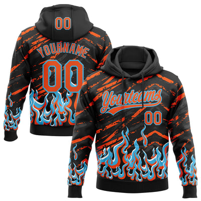 Custom Stitched Black Orange Lakes Blue-White 3D Pattern Design Flame Sports Pullover Sweatshirt Hoodie