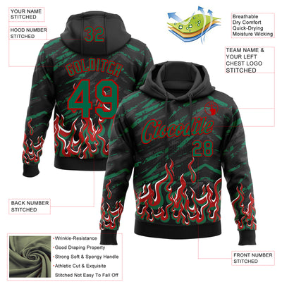 Custom Stitched Black Kelly Green Red-White 3D Pattern Design Flame Sports Pullover Sweatshirt Hoodie