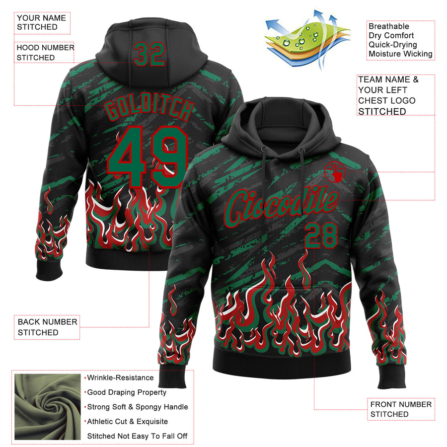 Custom Stitched Black Kelly Green Red-White 3D Pattern Design Flame Sports Pullover Sweatshirt Hoodie