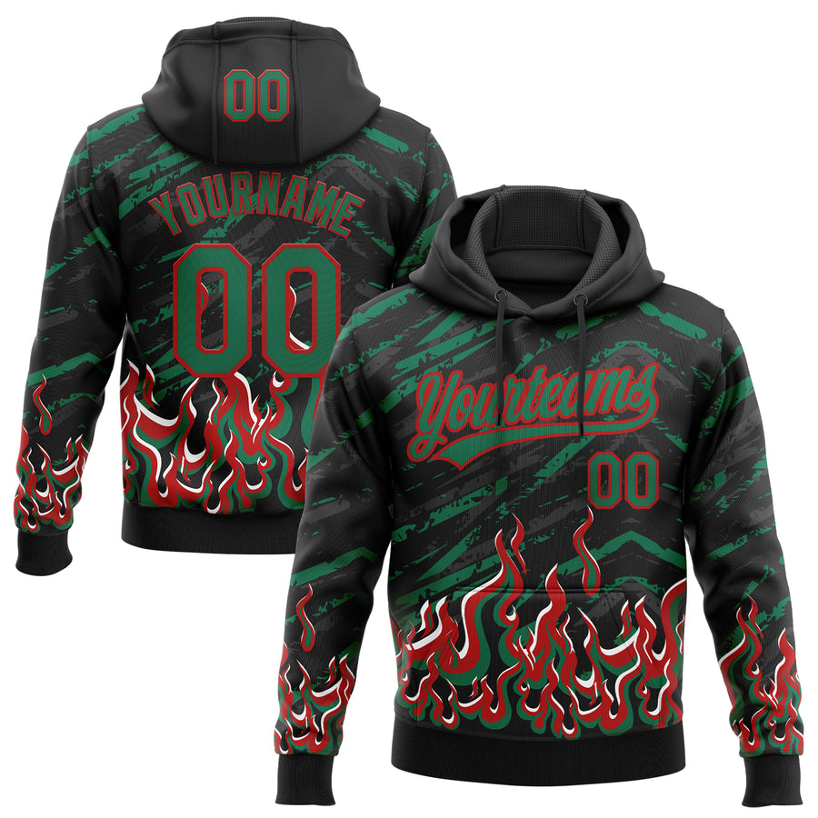 Custom Stitched Black Kelly Green Red-White 3D Pattern Design Flame Sports Pullover Sweatshirt Hoodie