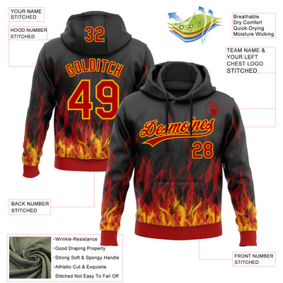 Custom Stitched Black Red-Gold 3D Pattern Design Flame Sports Pullover Sweatshirt Hoodie
