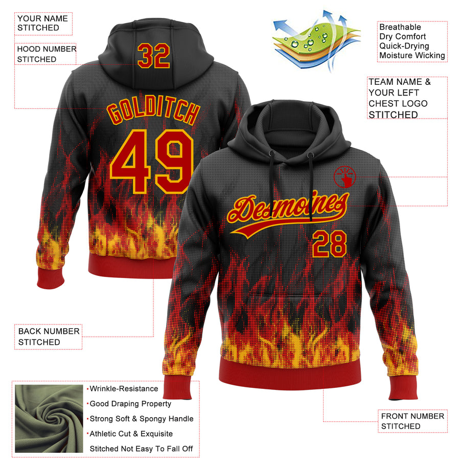 Custom Stitched Black Red-Gold 3D Pattern Design Flame Sports Pullover Sweatshirt Hoodie