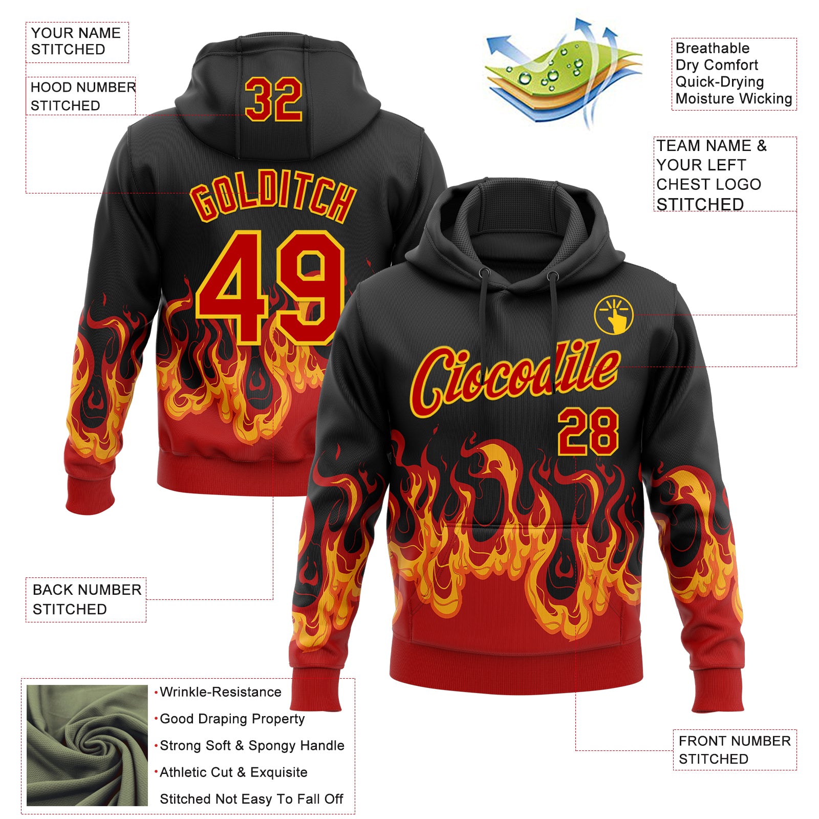 Custom Stitched Black Red-Yellow 3D Pattern Design Flame Sports Pullover Sweatshirt Hoodie