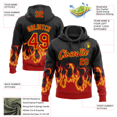 Custom Stitched Black Red-Yellow 3D Pattern Design Flame Sports Pullover Sweatshirt Hoodie